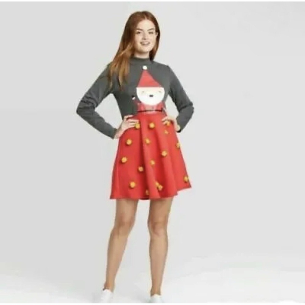 Mighty Fine Women's Size XS Long Sleeve Red Santa Pom Pom Christmas Dress NWT